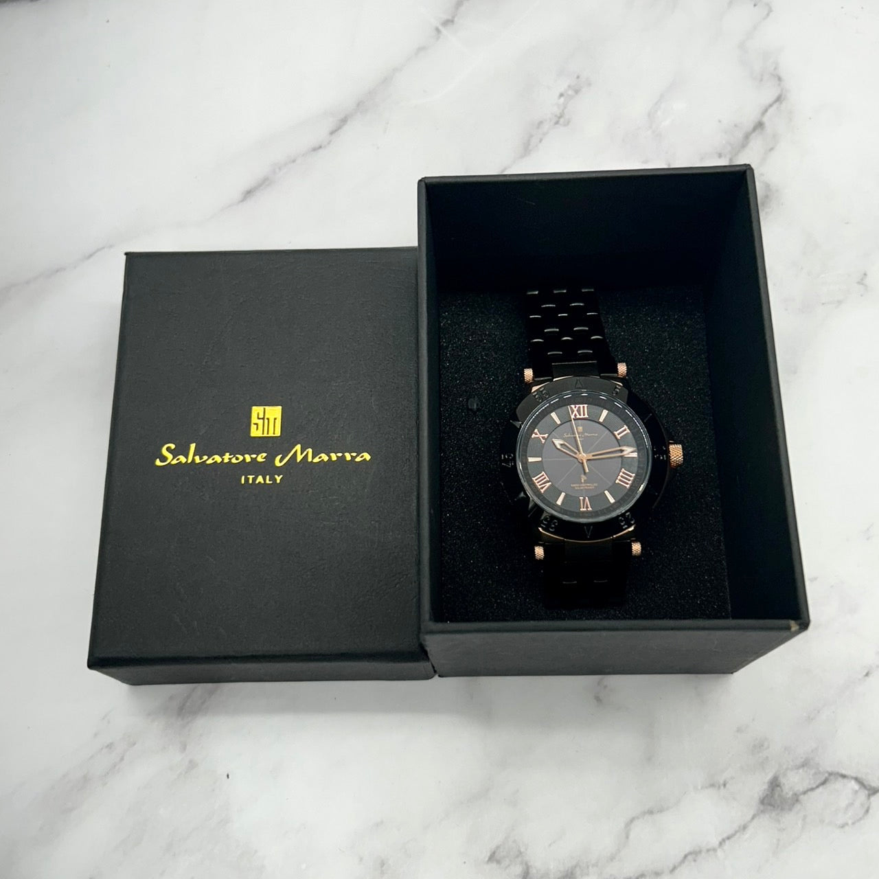 Authentic Salvatore Marra SM18112-1 Radio Solar Black Gold Men's Watch w/Box