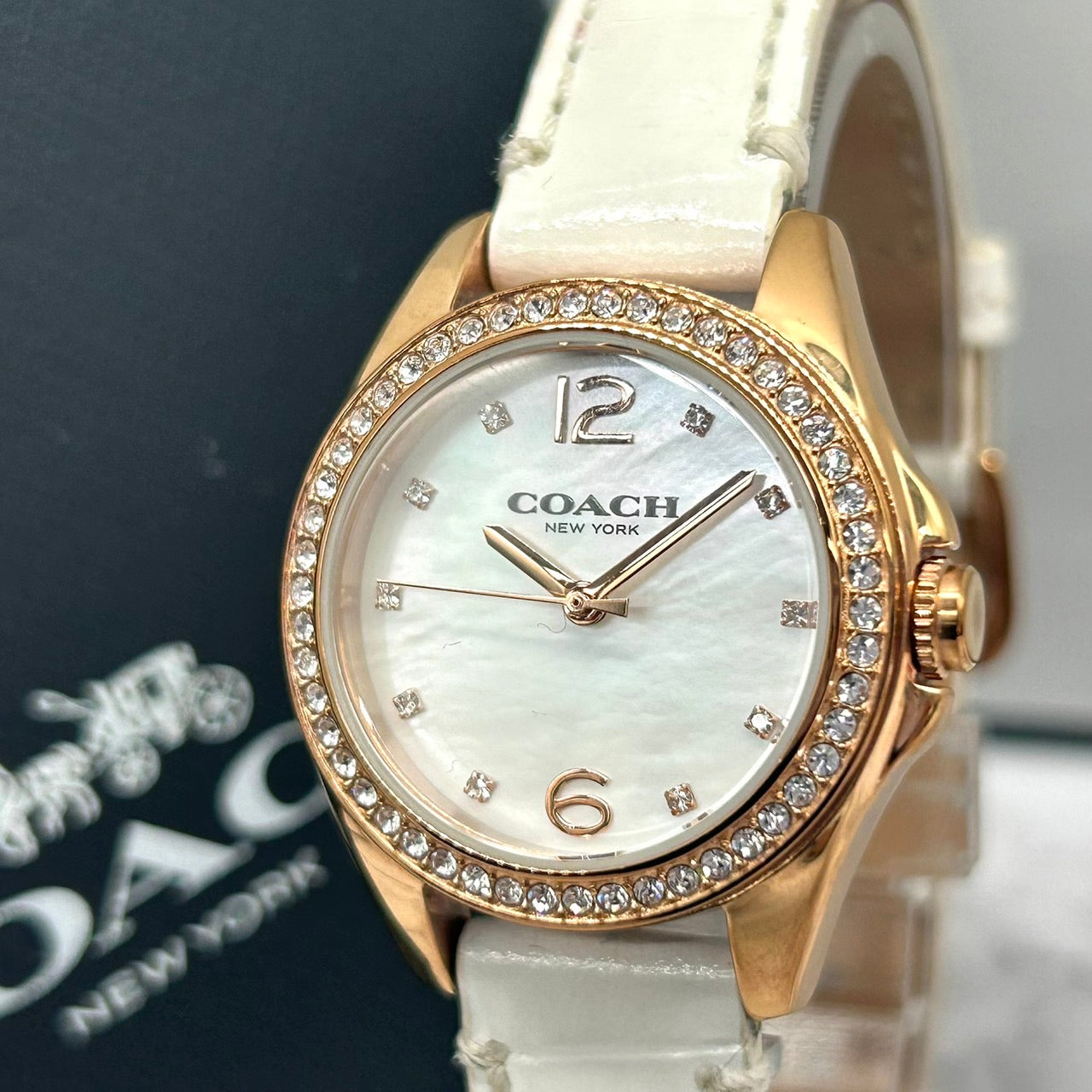 Authentic COACH Ladies Watch Rhinestone MOP Dial Gold White Leather w/Box
