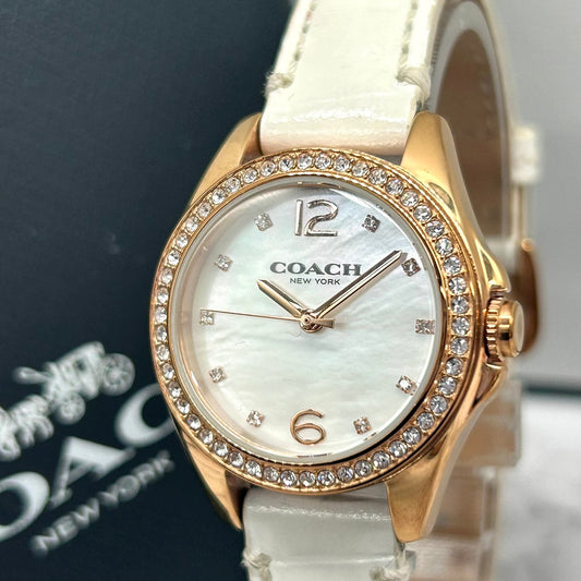 Authentic COACH Ladies Watch Rhinestone MOP Dial Gold White Leather w/Box