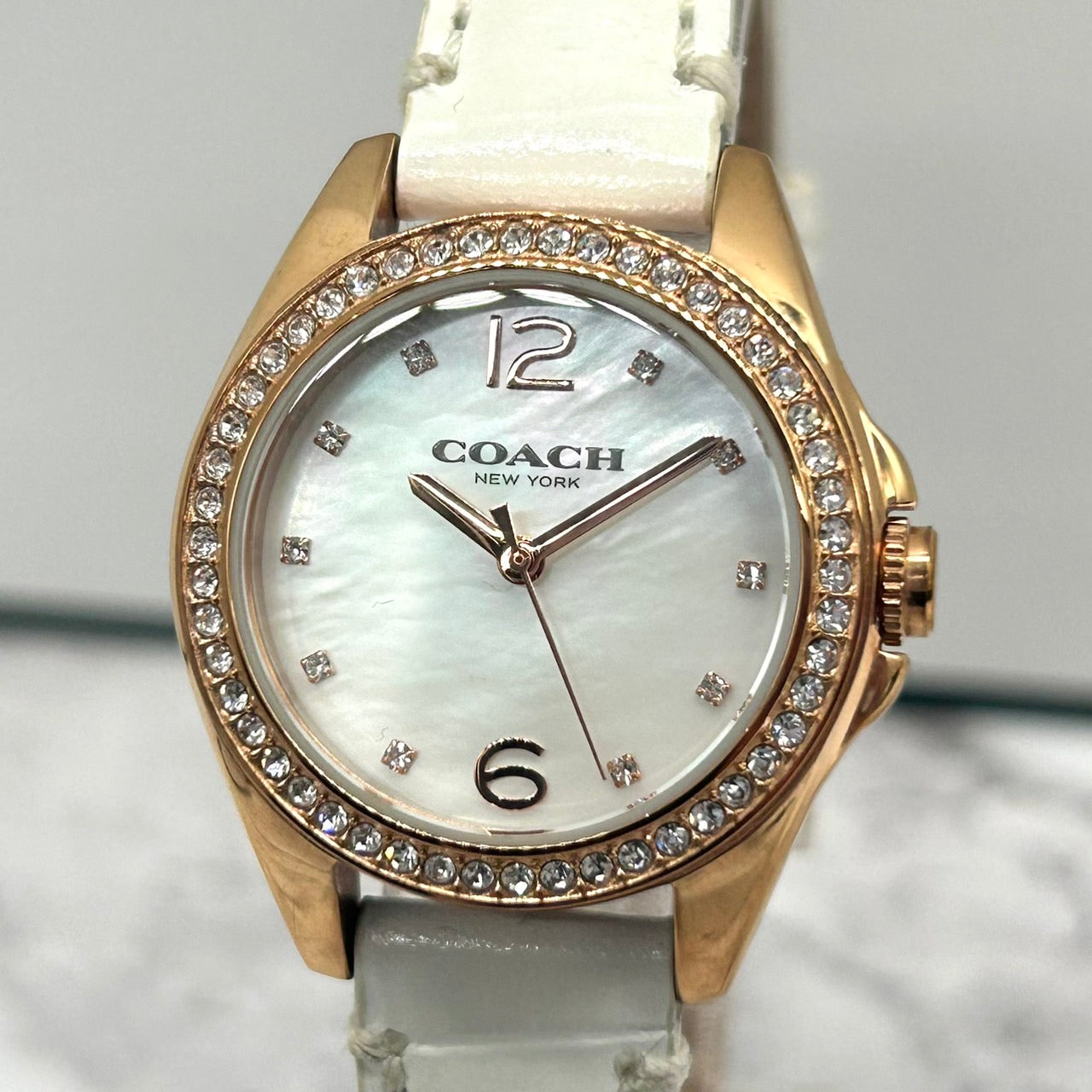 Authentic COACH Ladies Watch Rhinestone MOP Dial Gold White Leather w/Box