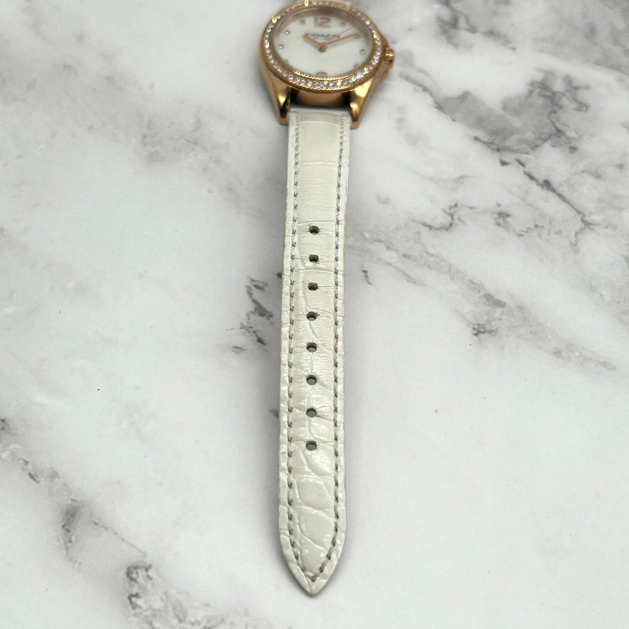 Authentic COACH Ladies Watch Rhinestone MOP Dial Gold White Leather w/Box