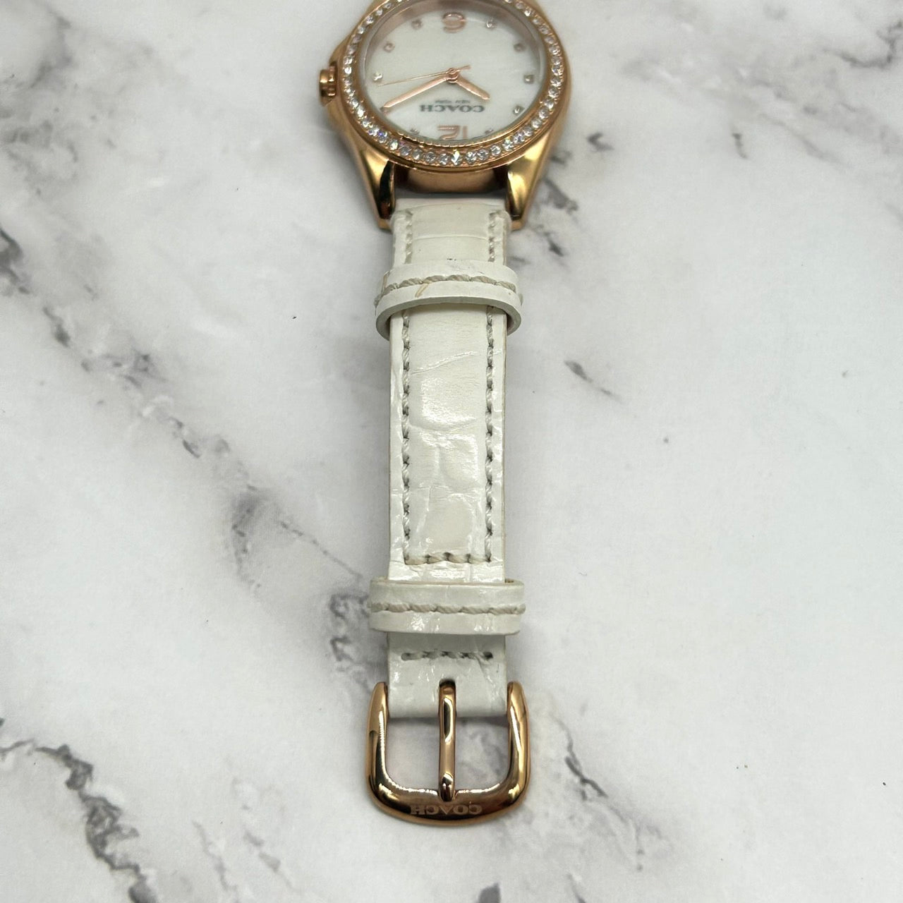 Authentic COACH Ladies Watch Rhinestone MOP Dial Gold White Leather w/Box