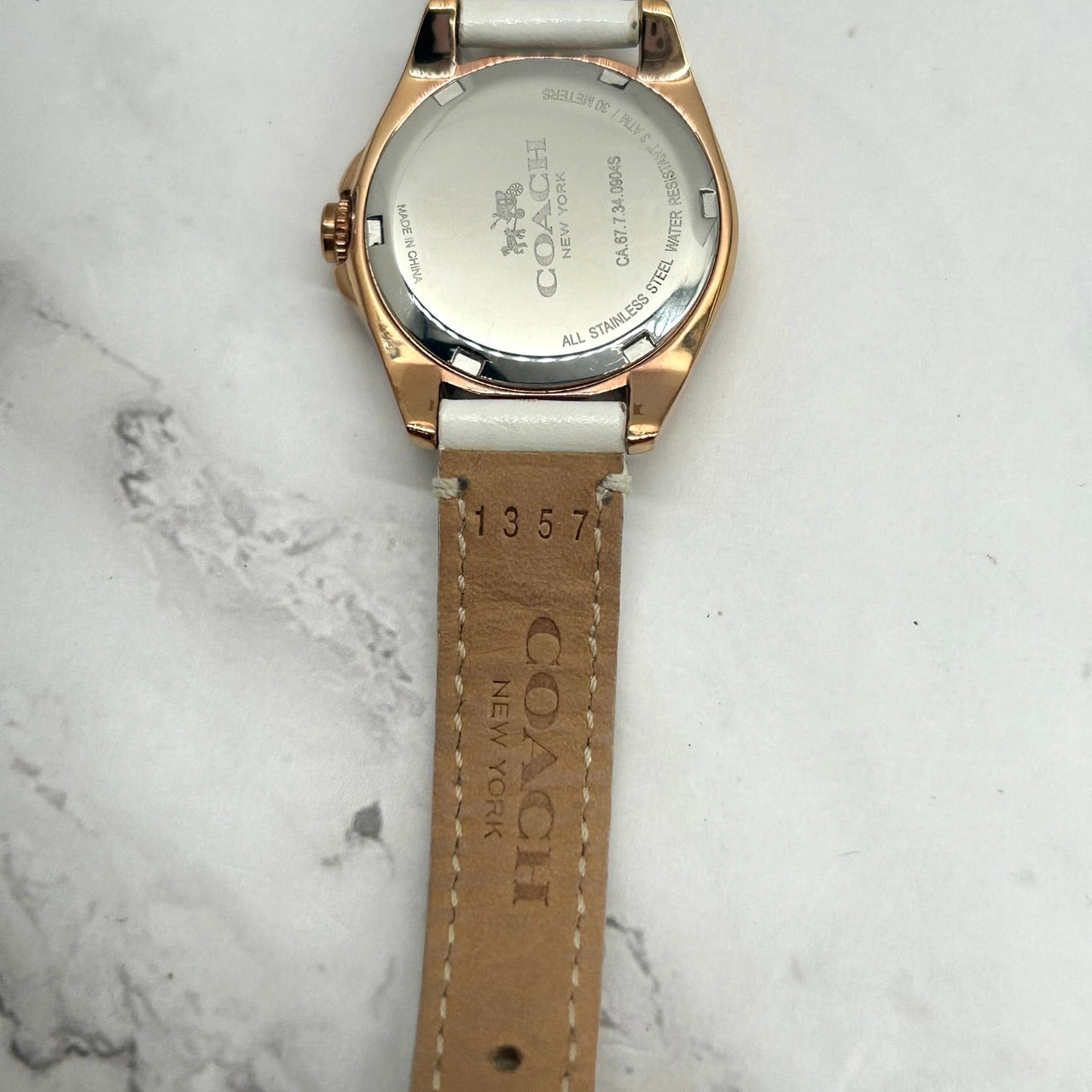 Authentic COACH Ladies Watch Rhinestone MOP Dial Gold White Leather w/Box