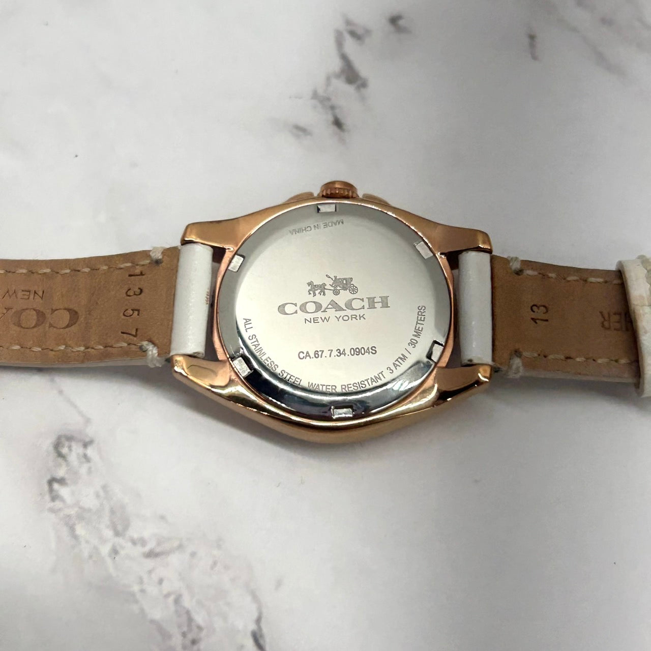 Authentic COACH Ladies Watch Rhinestone MOP Dial Gold White Leather w/Box