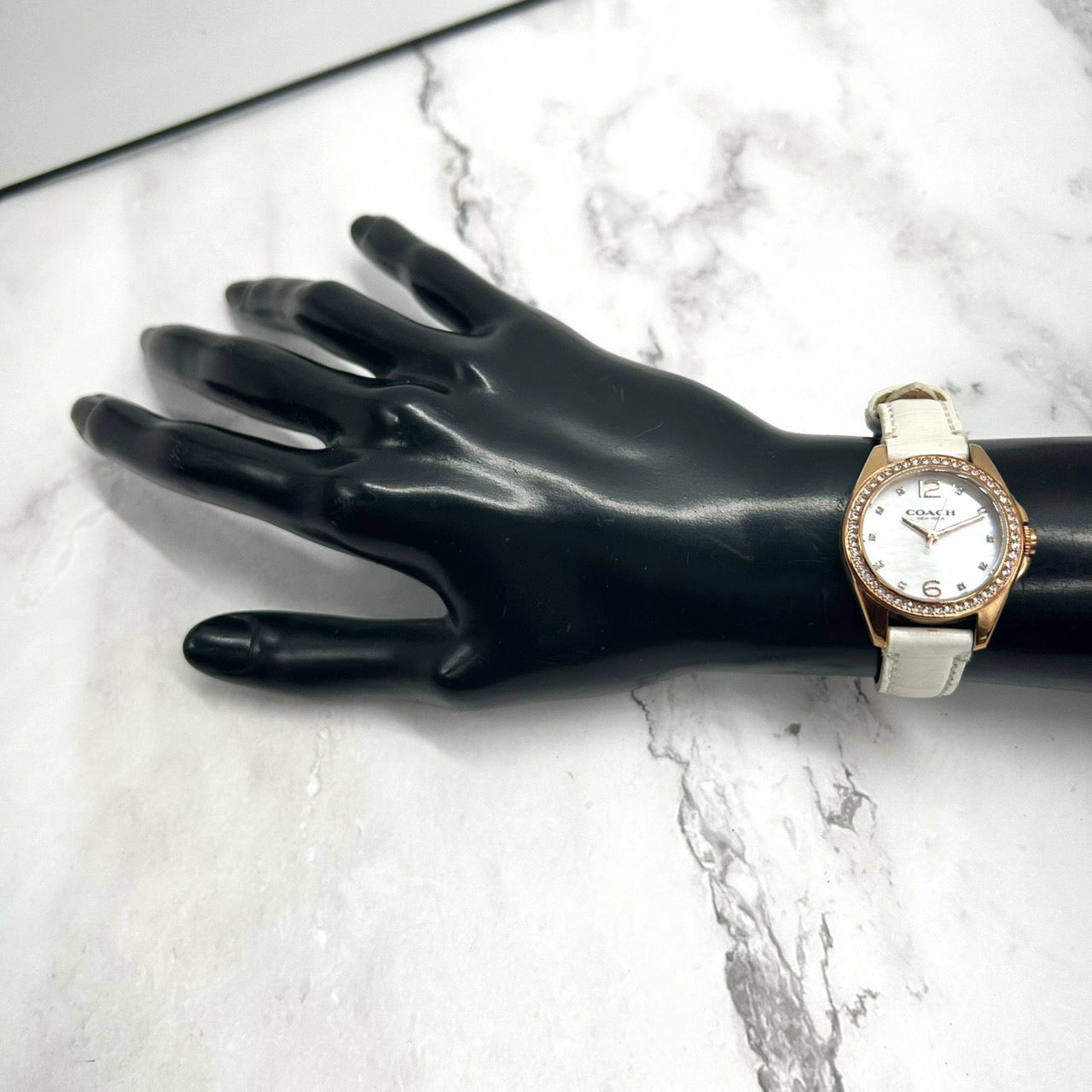 Authentic COACH Ladies Watch Rhinestone MOP Dial Gold White Leather w/Box