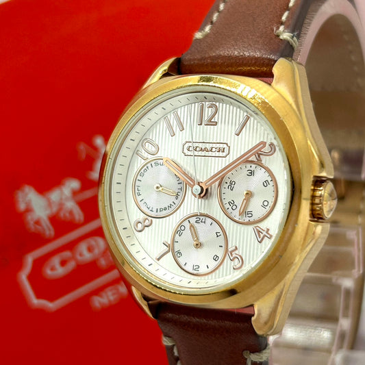 Authentic COACH Chronograph Gold Ladies Watch White Dial Brown Leather Strap