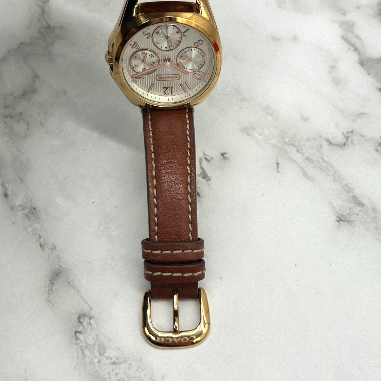 Authentic COACH Chronograph Gold Ladies Watch White Dial Brown Leather Strap