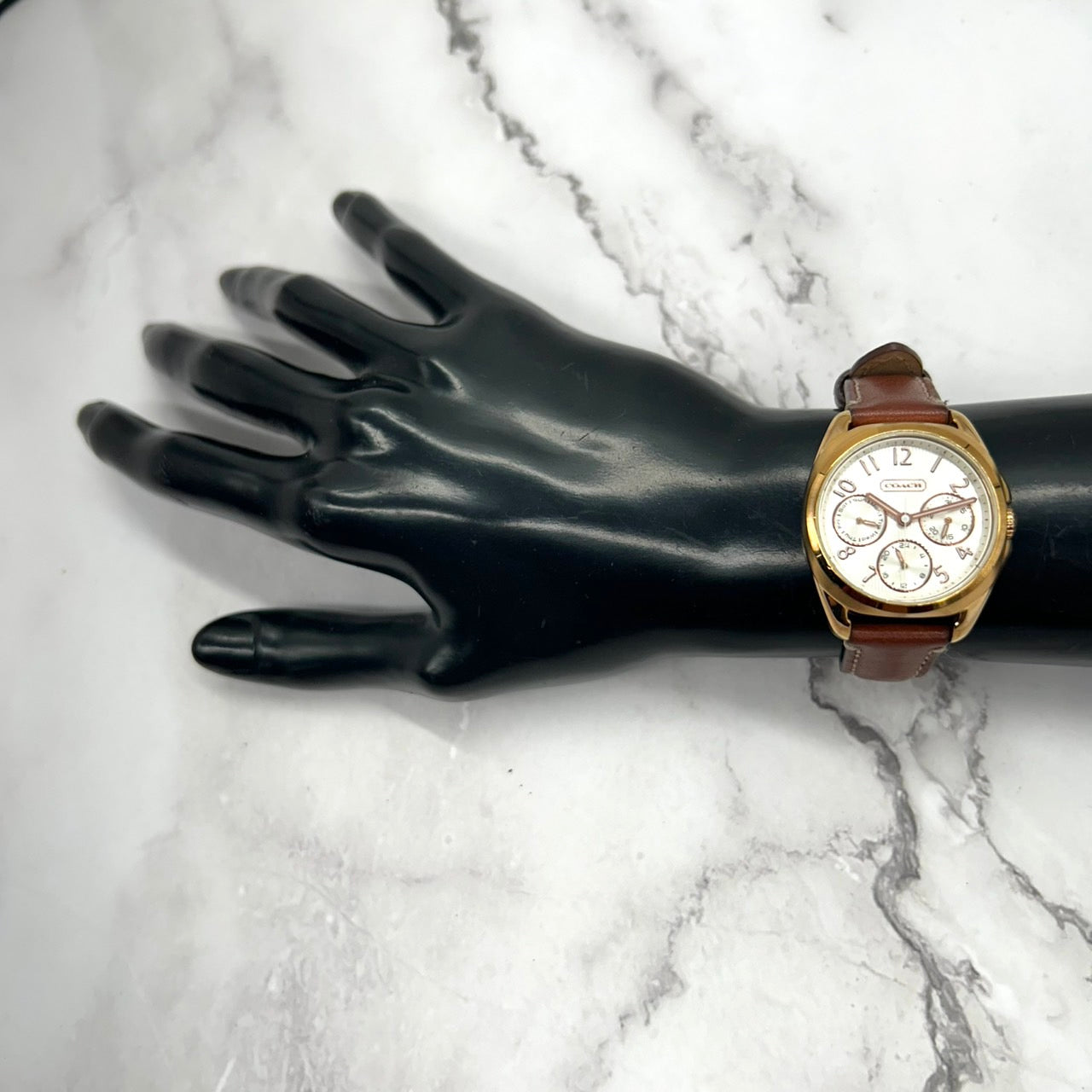 Authentic COACH Chronograph Gold Ladies Watch White Dial Brown Leather Strap