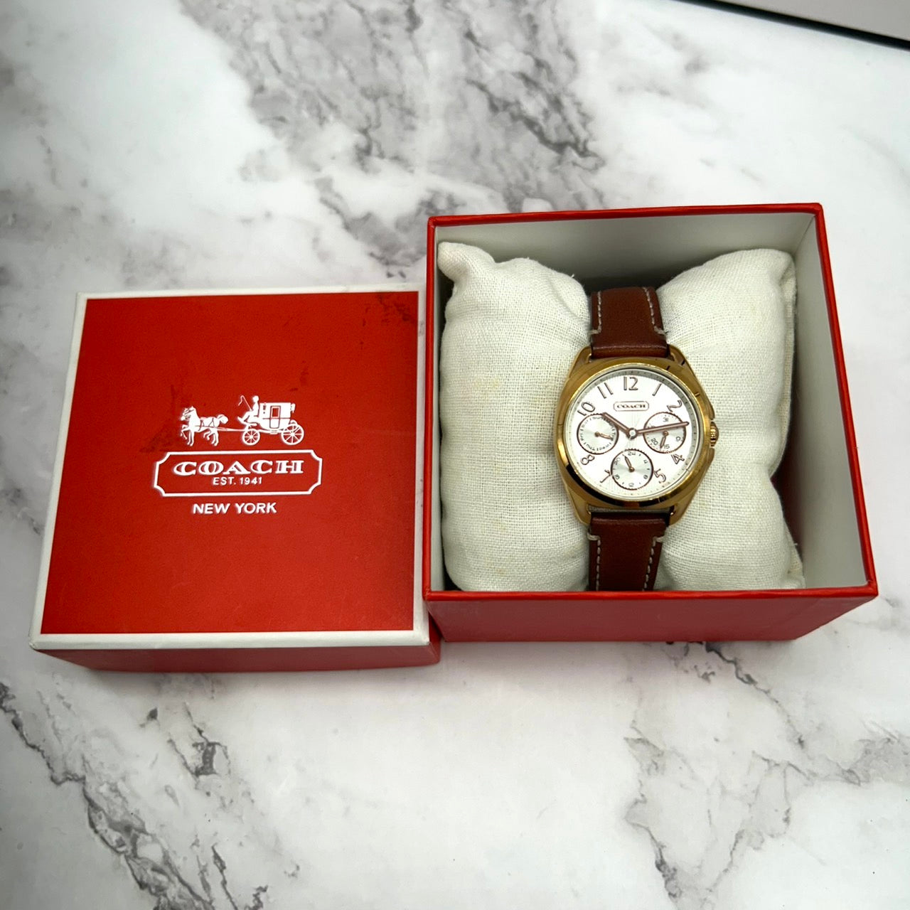 Authentic COACH Chronograph Gold Ladies Watch White Dial Brown Leather Strap