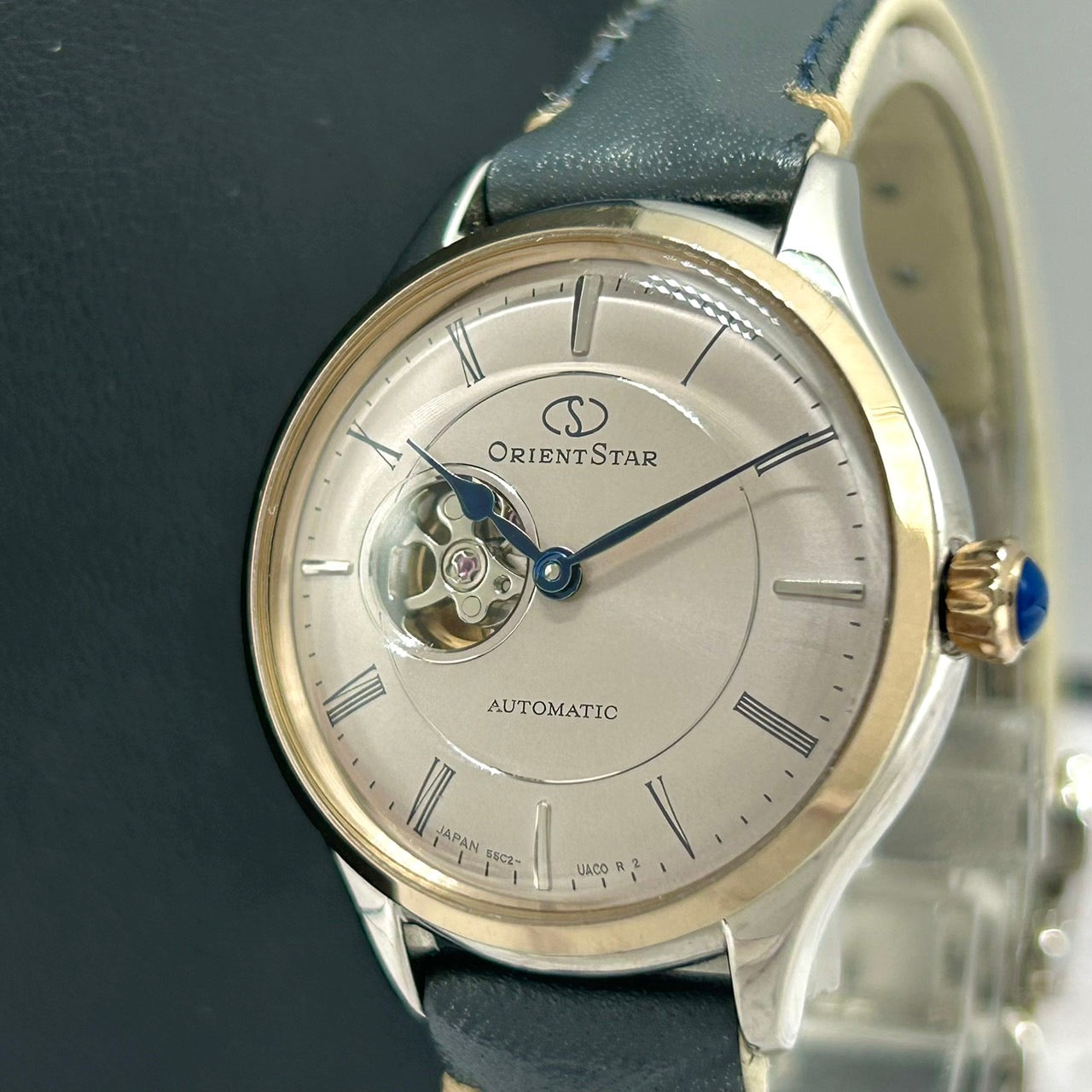 【未使用級／稼働品】オリエントスター クラシック 腕時計 レディース 自動巻き オープンハート セミスケルトン 裏スケ 55C2-UAD0 レザーベルト アナログ エレガント ドレスウォッチ コンビカラー シルバー ゴールド クリーニング済み G7