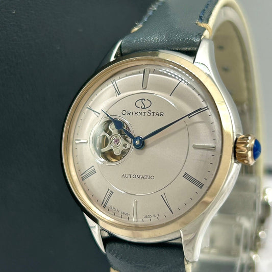 【未使用級／稼働品】オリエントスター クラシック 腕時計 レディース 自動巻き オープンハート セミスケルトン 裏スケ 55C2-UAD0 レザーベルト アナログ エレガント ドレスウォッチ コンビカラー シルバー ゴールド クリーニング済み G7