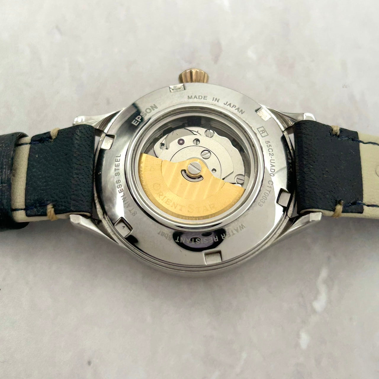 【未使用級／稼働品】オリエントスター クラシック 腕時計 レディース 自動巻き オープンハート セミスケルトン 裏スケ 55C2-UAD0 レザーベルト アナログ エレガント ドレスウォッチ コンビカラー シルバー ゴールド クリーニング済み G7