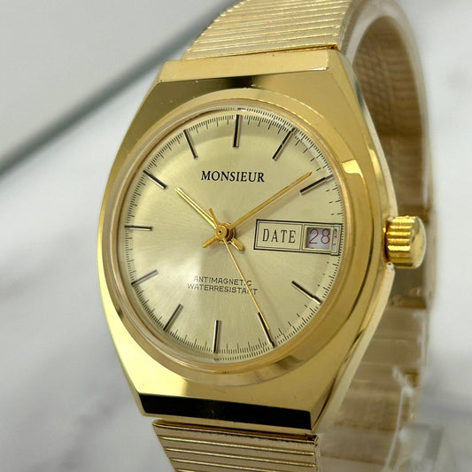 Authentic MONSIEUR Mens Hand-winding Watch Gold Tone Classic Dress Analog Date