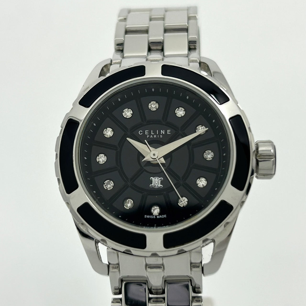 【稼働品】セリーヌ CELINE 腕時計 ユニセックス アナログ クオーツ ブラック文字盤 11Pダイヤモンド シルバー ラウンド ラグジュアリー ドレスウォッチ エレガント 人気モデル マカダム ブラゾンロゴ クリーニング済み G1