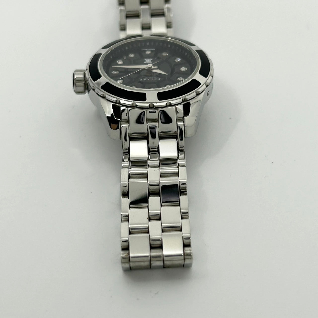 【稼働品】セリーヌ CELINE 腕時計 ユニセックス アナログ クオーツ ブラック文字盤 11Pダイヤモンド シルバー ラウンド ラグジュアリー ドレスウォッチ エレガント 人気モデル マカダム ブラゾンロゴ クリーニング済み G1