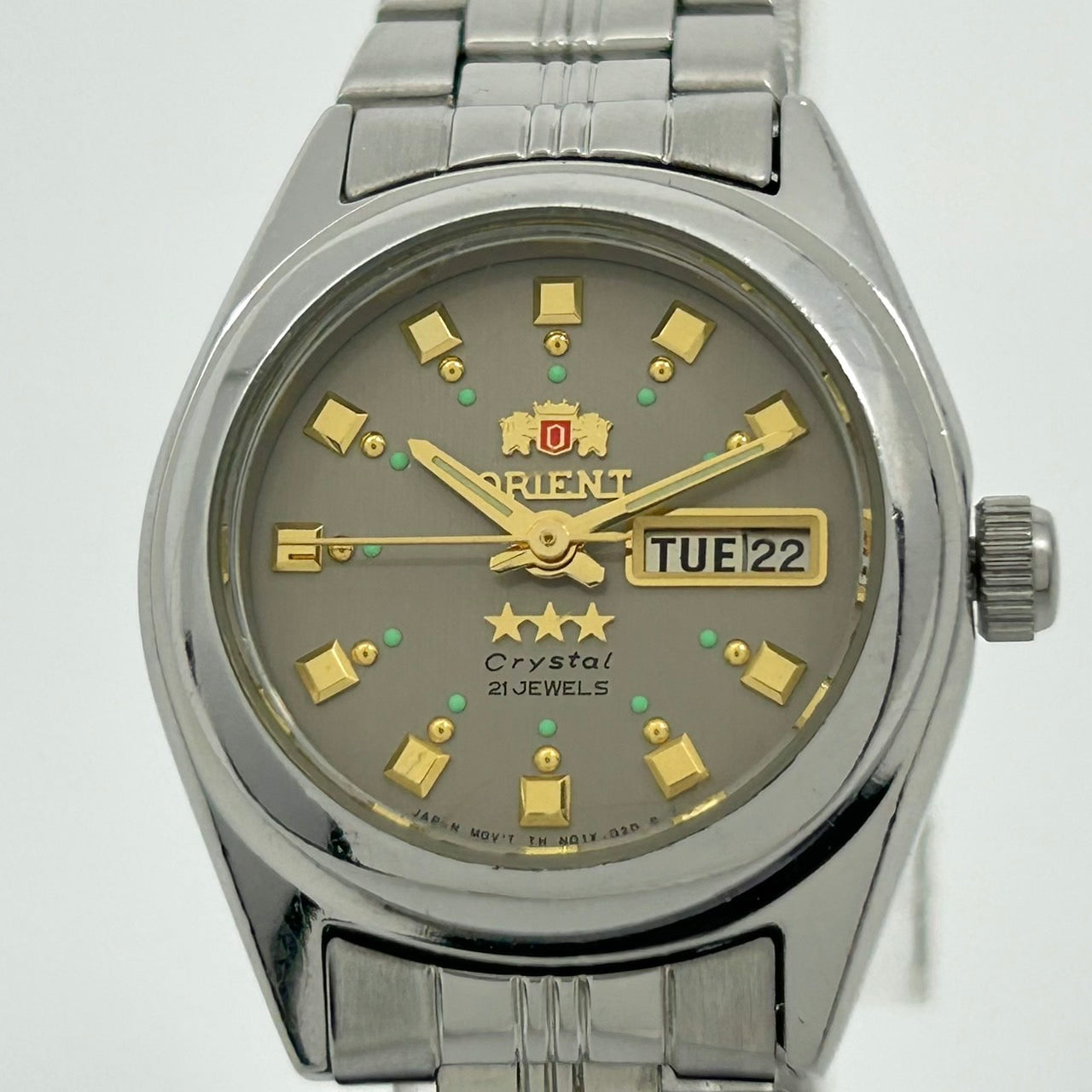 【稼働品】ORIENT オリエント 腕時計 レディース Crystal スリースター 自動巻き 21石 デイデイト アナログ グレー文字盤 シルバー ビンテージ クラシック レトロ エレガント アンティークウォッチ クリーニング済み G1