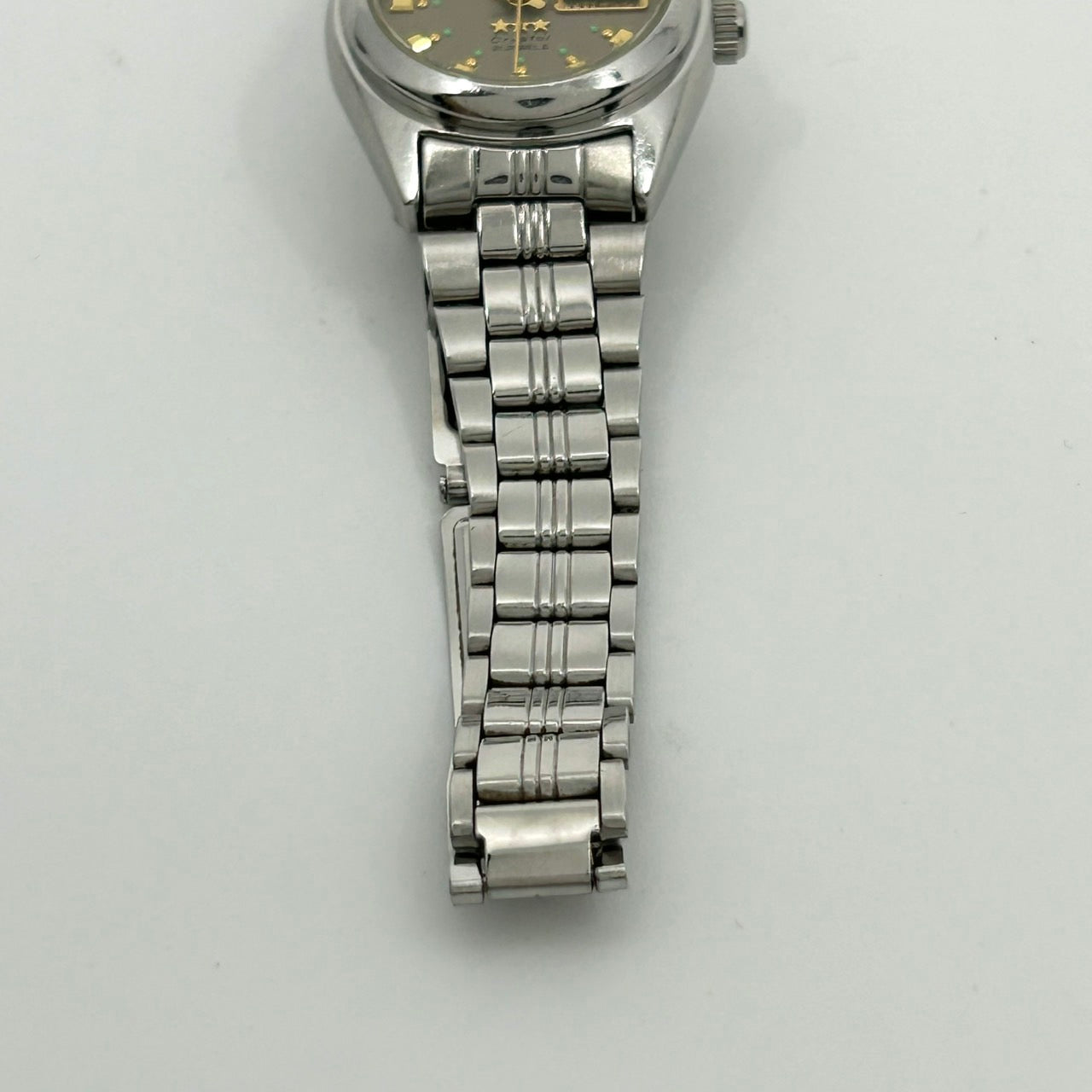 【稼働品】ORIENT オリエント 腕時計 レディース Crystal スリースター 自動巻き 21石 デイデイト アナログ グレー文字盤 シルバー ビンテージ クラシック レトロ エレガント アンティークウォッチ クリーニング済み G1