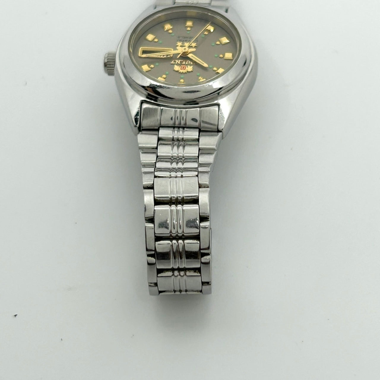 【稼働品】ORIENT オリエント 腕時計 レディース Crystal スリースター 自動巻き 21石 デイデイト アナログ グレー文字盤 シルバー ビンテージ クラシック レトロ エレガント アンティークウォッチ クリーニング済み G1