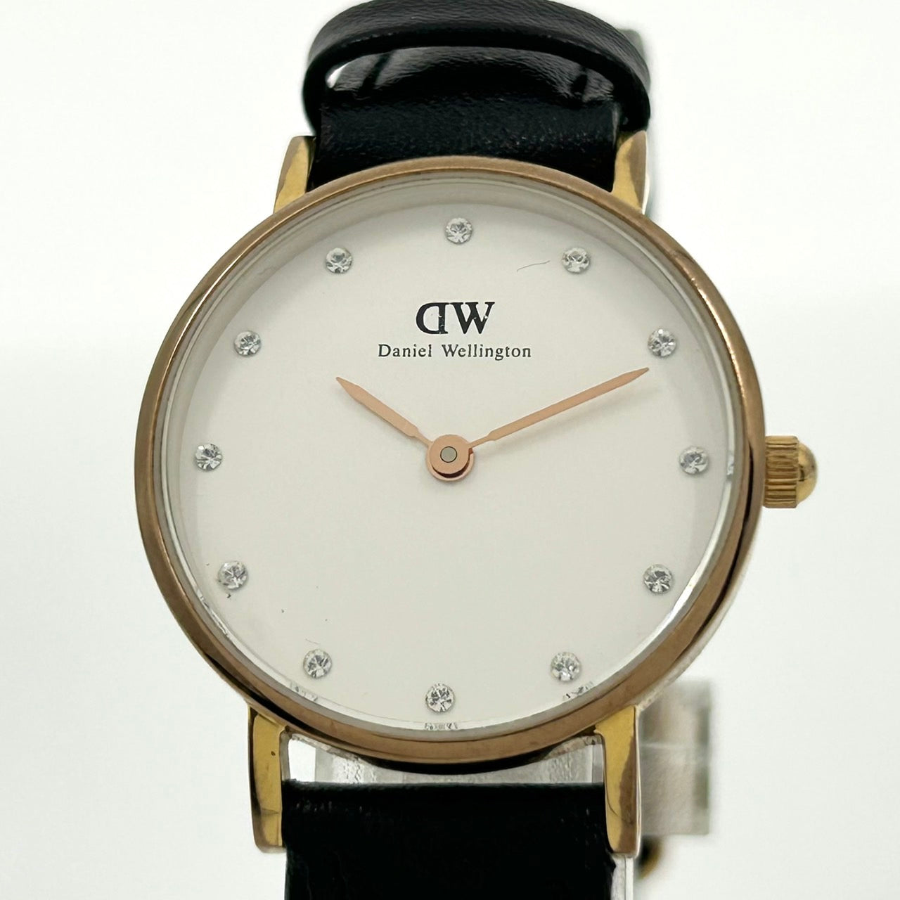 【電池交換済】ダニエルウェリントン 腕時計 レディース Classy 026R7 クラッシー クオーツ ローズゴールド ホワイト文字盤 ストーンインデックス レザーベルト ブラック エレガント クラシック ドレスウォッチ 人気モデル クリーニング済み G1