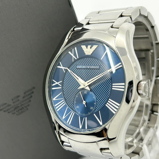 【電池交換済／稼働品】エンポリオ アルマーニ 腕時計 メンズ AR-11085 ブルー文字盤 アナログ クオーツ ローマンインデックス スモールセコンド ステンレス エレガント クラシック ビジネスウォッチ クリーニング済 G