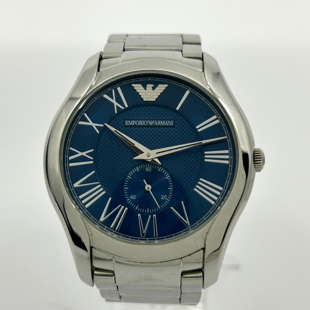 【電池交換済／稼働品】エンポリオ アルマーニ 腕時計 メンズ AR-11085 ブルー文字盤 アナログ クオーツ ローマンインデックス スモールセコンド ステンレス エレガント クラシック ビジネスウォッチ クリーニング済 G