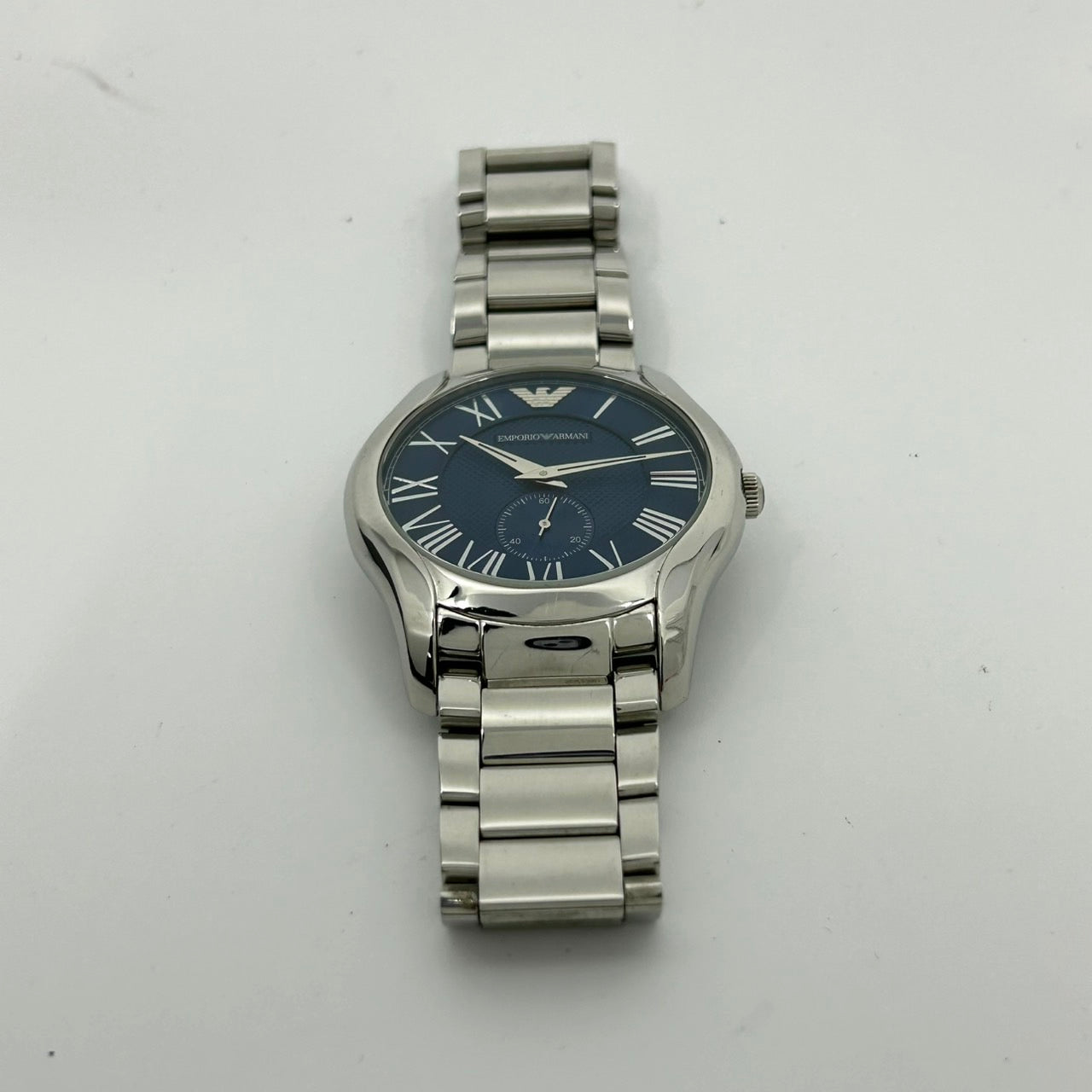 【電池交換済／稼働品】エンポリオ アルマーニ 腕時計 メンズ AR-11085 ブルー文字盤 アナログ クオーツ ローマンインデックス スモールセコンド ステンレス エレガント クラシック ビジネスウォッチ クリーニング済 G