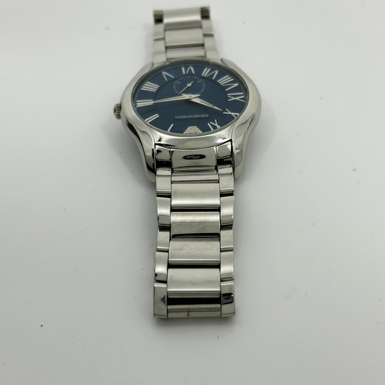 【電池交換済／稼働品】エンポリオ アルマーニ 腕時計 メンズ AR-11085 ブルー文字盤 アナログ クオーツ ローマンインデックス スモールセコンド ステンレス エレガント クラシック ビジネスウォッチ クリーニング済 G