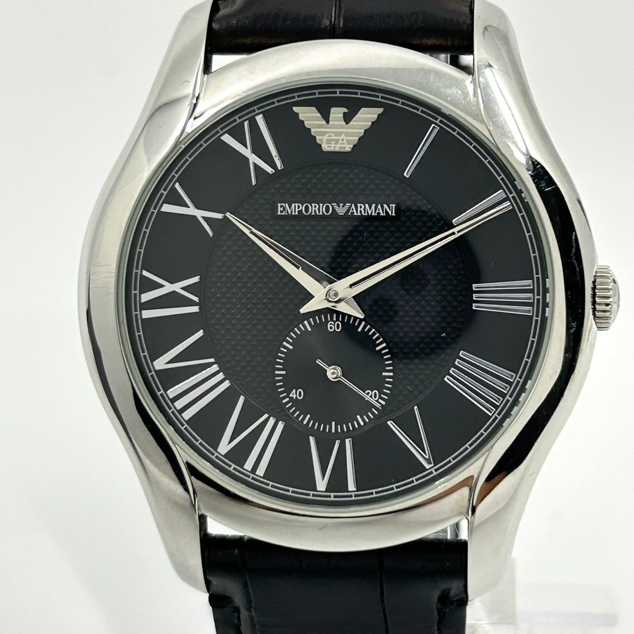 【電池交換済／極美品】EMPORIO ARMANI エンポリオ アルマーニ AR-1703 メンズ 腕時計 アナログ クオーツ 黒文字盤 スモールセコンド レザーベルト ローマンインデックス エレガント ドレスウォッチ ビジネス シルバー G