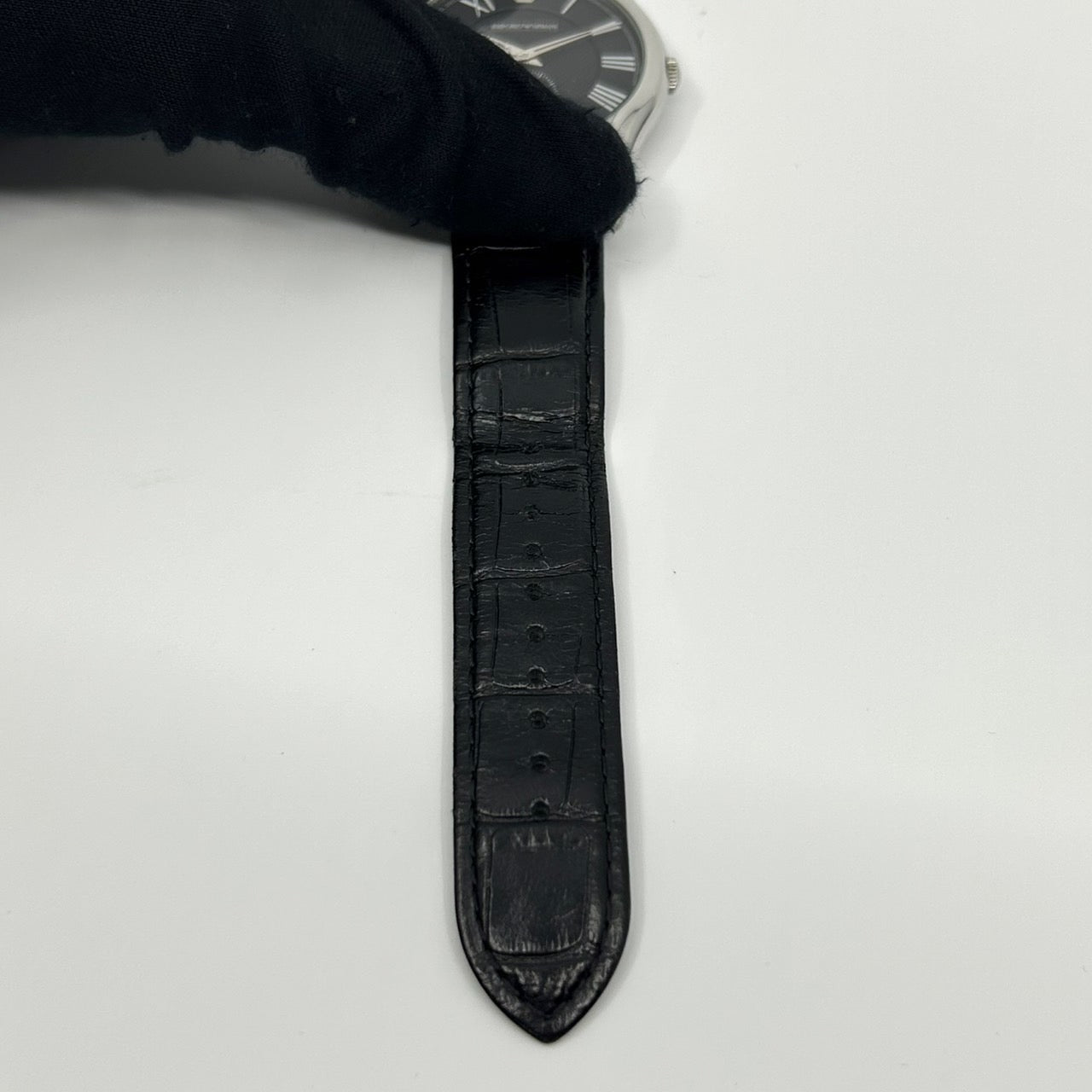 【電池交換済／極美品】EMPORIO ARMANI エンポリオ アルマーニ AR-1703 メンズ 腕時計 アナログ クオーツ 黒文字盤 スモールセコンド レザーベルト ローマンインデックス エレガント ドレスウォッチ ビジネス シルバー G