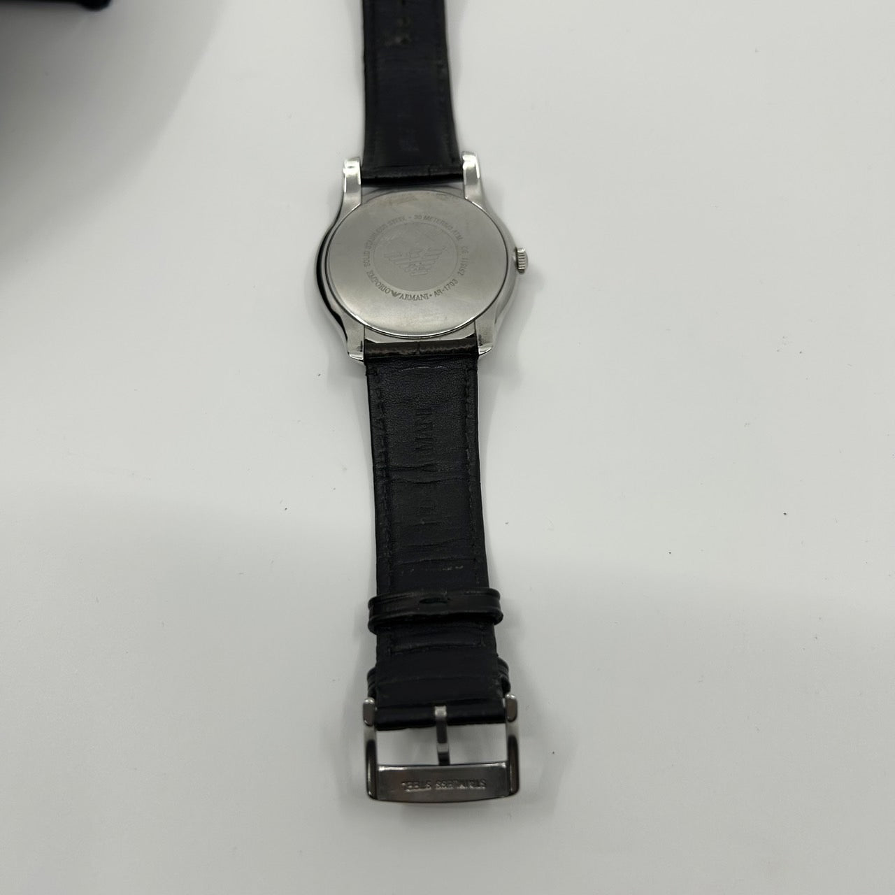 【電池交換済／極美品】EMPORIO ARMANI エンポリオ アルマーニ AR-1703 メンズ 腕時計 アナログ クオーツ 黒文字盤 スモールセコンド レザーベルト ローマンインデックス エレガント ドレスウォッチ ビジネス シルバー G