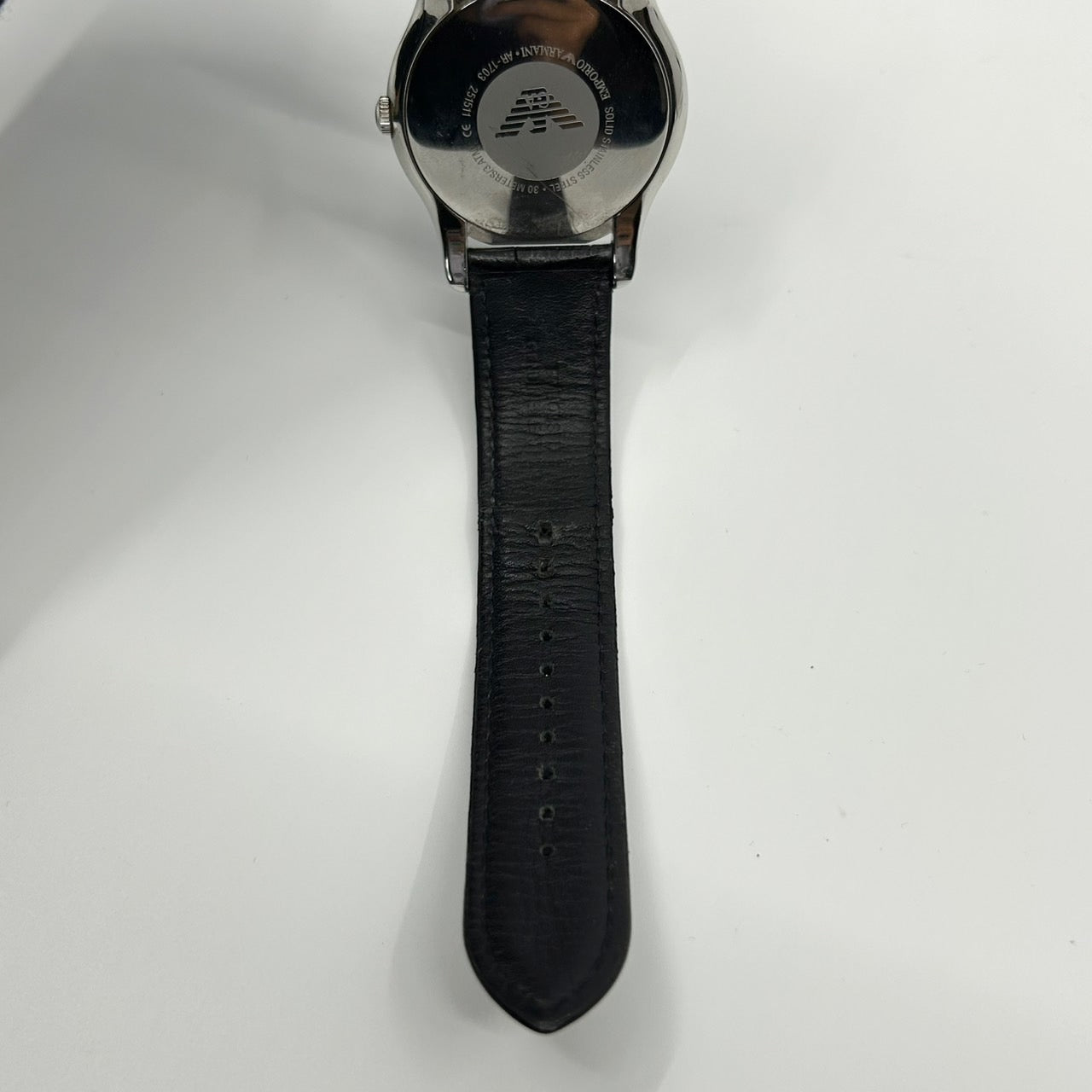 【電池交換済／極美品】EMPORIO ARMANI エンポリオ アルマーニ AR-1703 メンズ 腕時計 アナログ クオーツ 黒文字盤 スモールセコンド レザーベルト ローマンインデックス エレガント ドレスウォッチ ビジネス シルバー G