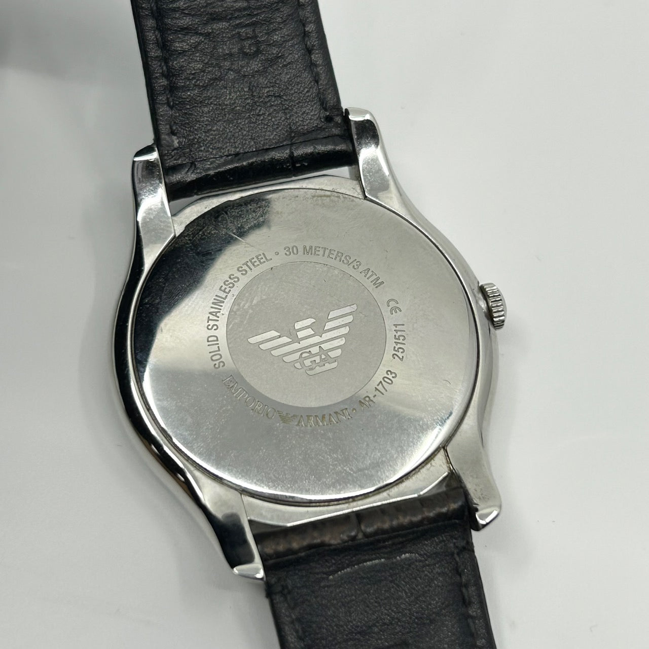 【電池交換済／極美品】EMPORIO ARMANI エンポリオ アルマーニ AR-1703 メンズ 腕時計 アナログ クオーツ 黒文字盤 スモールセコンド レザーベルト ローマンインデックス エレガント ドレスウォッチ ビジネス シルバー G