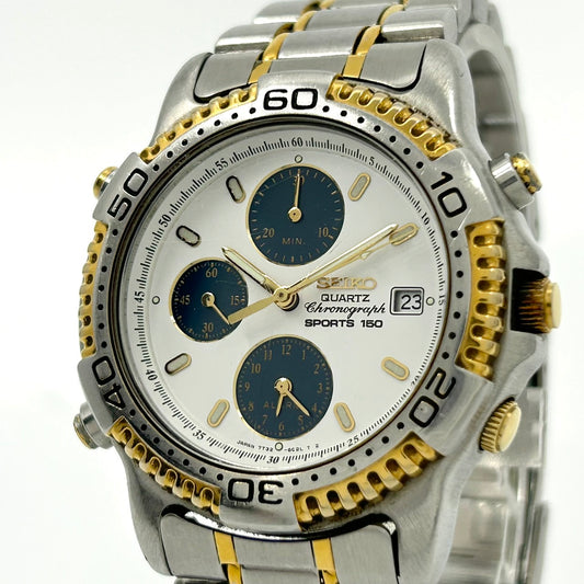 【電池交換済／クリーニング済】セイコー SEIKO SPORTS 150 7T32-6C00 メンズ 腕時計 クオーツ クロノグラフ ホワイト文字盤 ビンテージ ゴールドコンビ デイト アナログ クラシック エレガント 150M防水 クリーニング済み G1