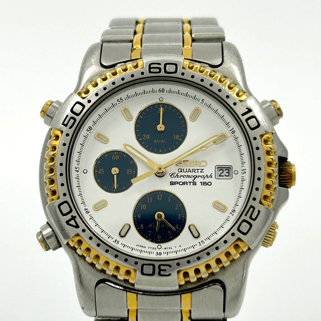 【電池交換済／クリーニング済】セイコー SEIKO SPORTS 150 7T32-6C00 メンズ 腕時計 クオーツ クロノグラフ ホワイト文字盤 ビンテージ ゴールドコンビ デイト アナログ クラシック エレガント 150M防水 クリーニング済み G1