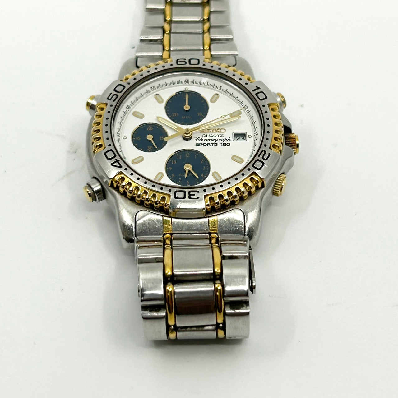 【電池交換済／クリーニング済】セイコー SEIKO SPORTS 150 7T32-6C00 メンズ 腕時計 クオーツ クロノグラフ ホワイト文字盤 ビンテージ ゴールドコンビ デイト アナログ クラシック エレガント 150M防水 クリーニング済み G1