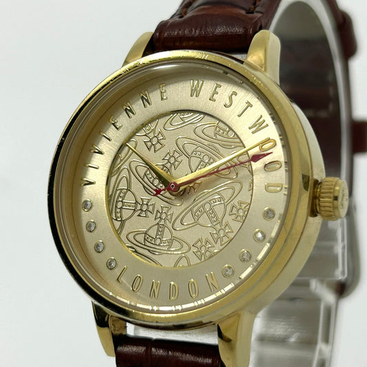 【電池交換済／新品ベルト】ヴィヴィアンウエストウッド 腕時計 レディース VV114GDTN クオーツ ゴールド オーブ柄 ラインストーン ブラウンレザー クラシック エレガント ファッションウォッチ スイス製 アナログ クリーニング済み G1
