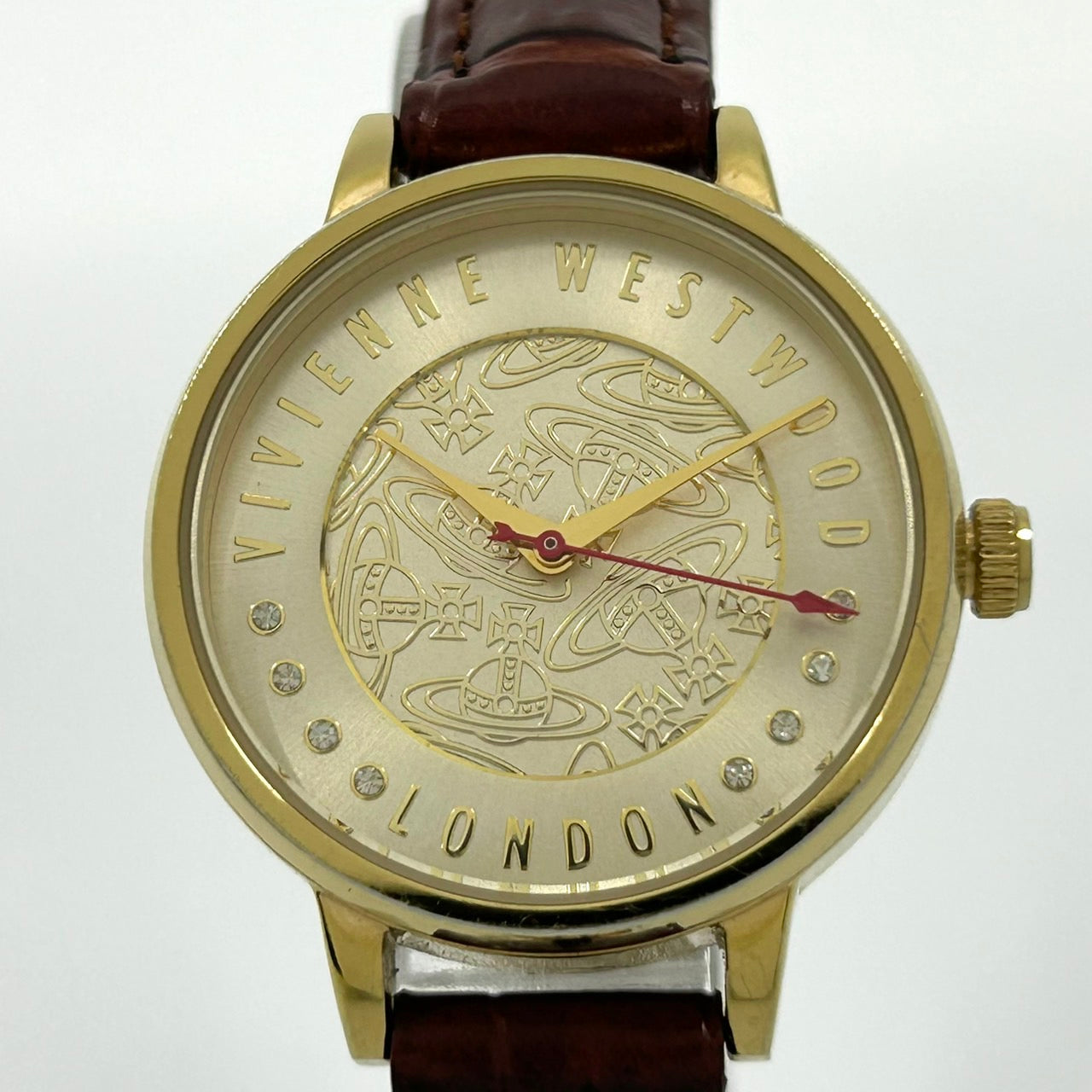 【電池交換済／新品ベルト】ヴィヴィアンウエストウッド 腕時計 レディース VV114GDTN クオーツ ゴールド オーブ柄 ラインストーン ブラウンレザー クラシック エレガント ファッションウォッチ スイス製 アナログ クリーニング済み G1