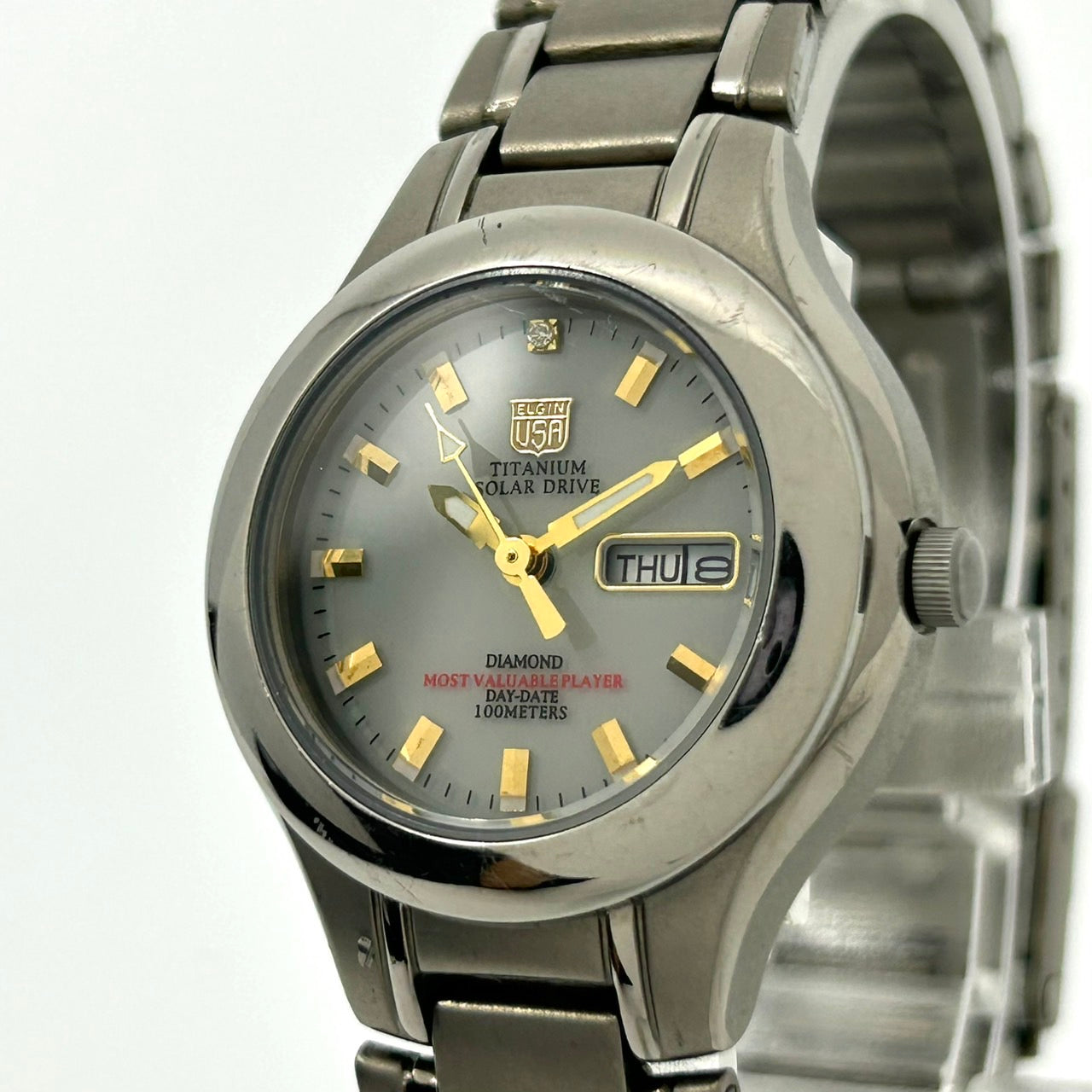 Authentic ELGIN USA Titanium Solar Drive Diamond Day-Date FK-1202-C Watch Gray