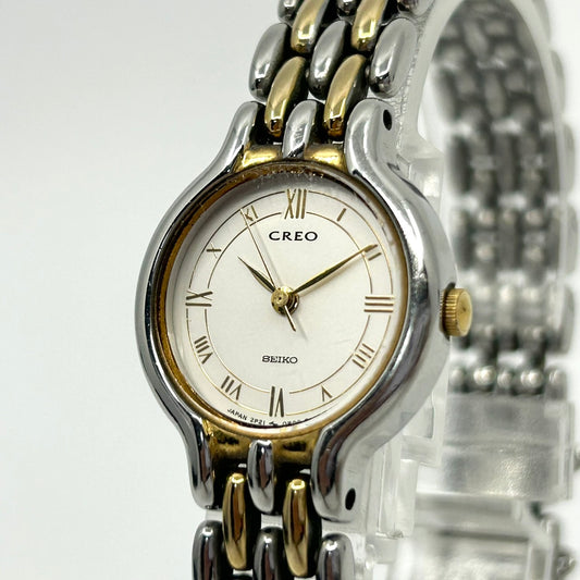 【電池交換済】セイコー クレオ 腕時計 ユニセックス 2P21-0270 アナログ クオーツ ホワイト文字盤 ローマ数字 シルバー ゴールド コンビカラー ドレスウォッチ エレガント クラシック デザインウォッチ クリーニング済み G1