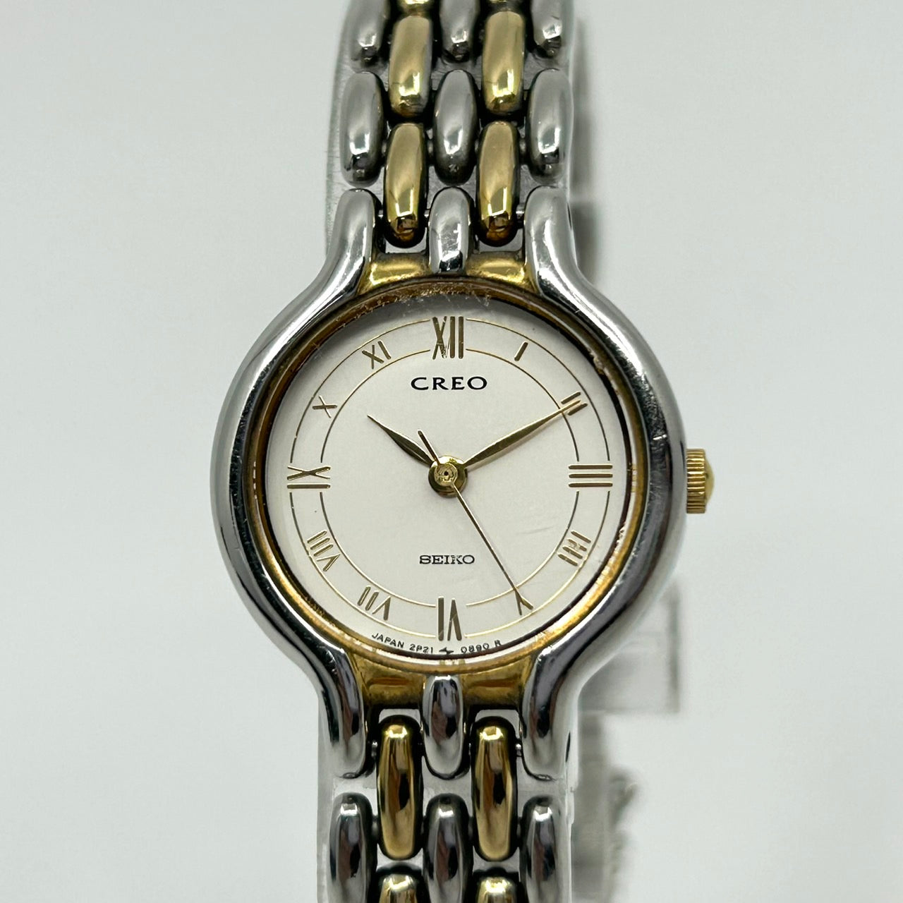 【電池交換済】セイコー クレオ 腕時計 ユニセックス 2P21-0270 アナログ クオーツ ホワイト文字盤 ローマ数字 シルバー ゴールド コンビカラー ドレスウォッチ エレガント クラシック デザインウォッチ クリーニング済み G1