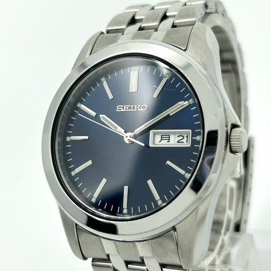 【電池交換済／美品】セイコー SEIKO メンズ腕時計 7N43-0AM0 540136 クオーツ アナログ ラウンド ブルー文字盤 シルバー デイデイト カレンダー ビジネスウォッチ クラシック シンプル ステンレス クリーニング済み G1