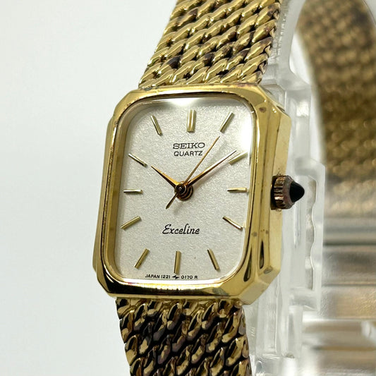【電池交換済／美品】セイコー エクセリーヌ 腕時計 レディース 1221-5090 クオーツ ゴールド スクエア 白文字盤 ビンテージ クラシック エレガント ドレスウォッチ アンティーク調 クリーニング済み G1