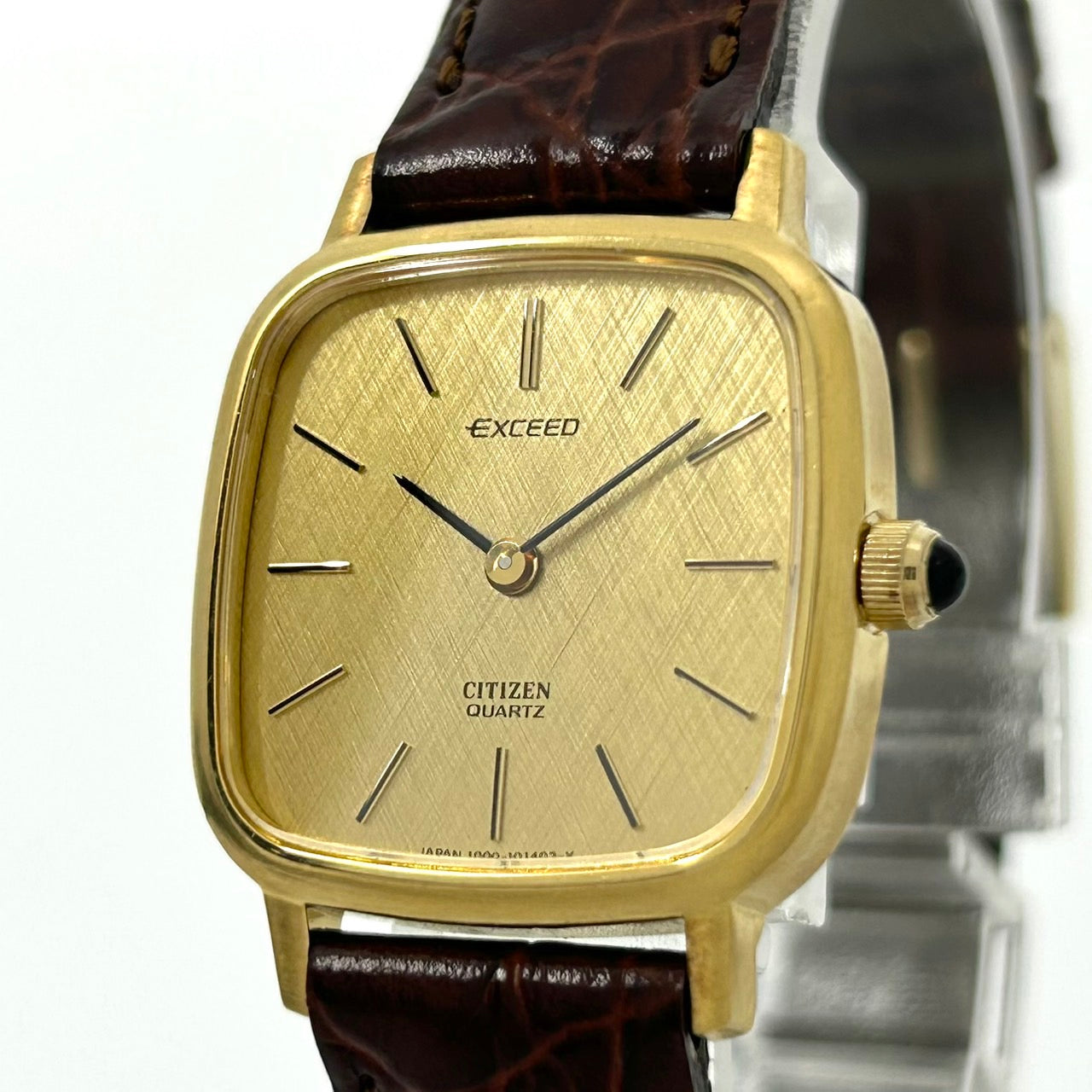 【電池交換済／新品ベルト(社外品)／美品】シチズン エクシード 腕時計 4-101251Y クオーツ アナログ ゴールド スクエア ブラウンレザー ビンテージ クラシック エレガント ドレスウォッチ ファッションウォッチ アクセサリー 男女兼用 G1