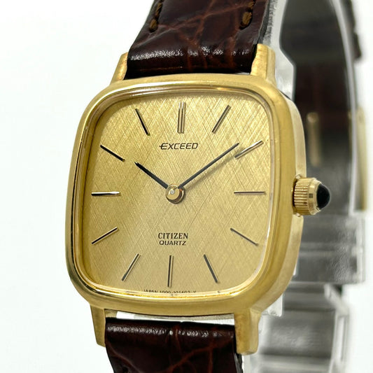 【電池交換済／新品ベルト(社外品)／美品】シチズン エクシード 腕時計 4-101251Y クオーツ アナログ ゴールド スクエア ブラウンレザー ビンテージ クラシック エレガント ドレスウォッチ ファッションウォッチ アクセサリー 男女兼用 G1