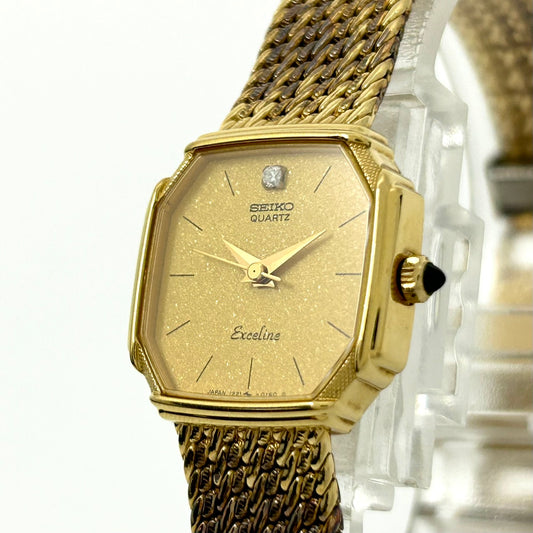 【電池交換済】セイコー エクセリーヌ 腕時計 レディース 1Pダイヤ 1221-5080 クオーツ ゴールド 八角形 オクタゴン ビンテージ クラシック エレガント ドレスウォッチ アンティーク調 クリーニング済み G1