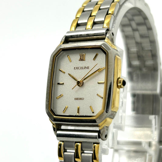 【電池交換済】セイコー エクセリーヌ 腕時計 3F31-5010 クオーツ コンビカラー スクエア ホワイト文字盤 ローマンインデックス ビンテージ クラシック エレガント ドレスウォッチ ファッションウォッチ アクセサリー クリーニング済み G1