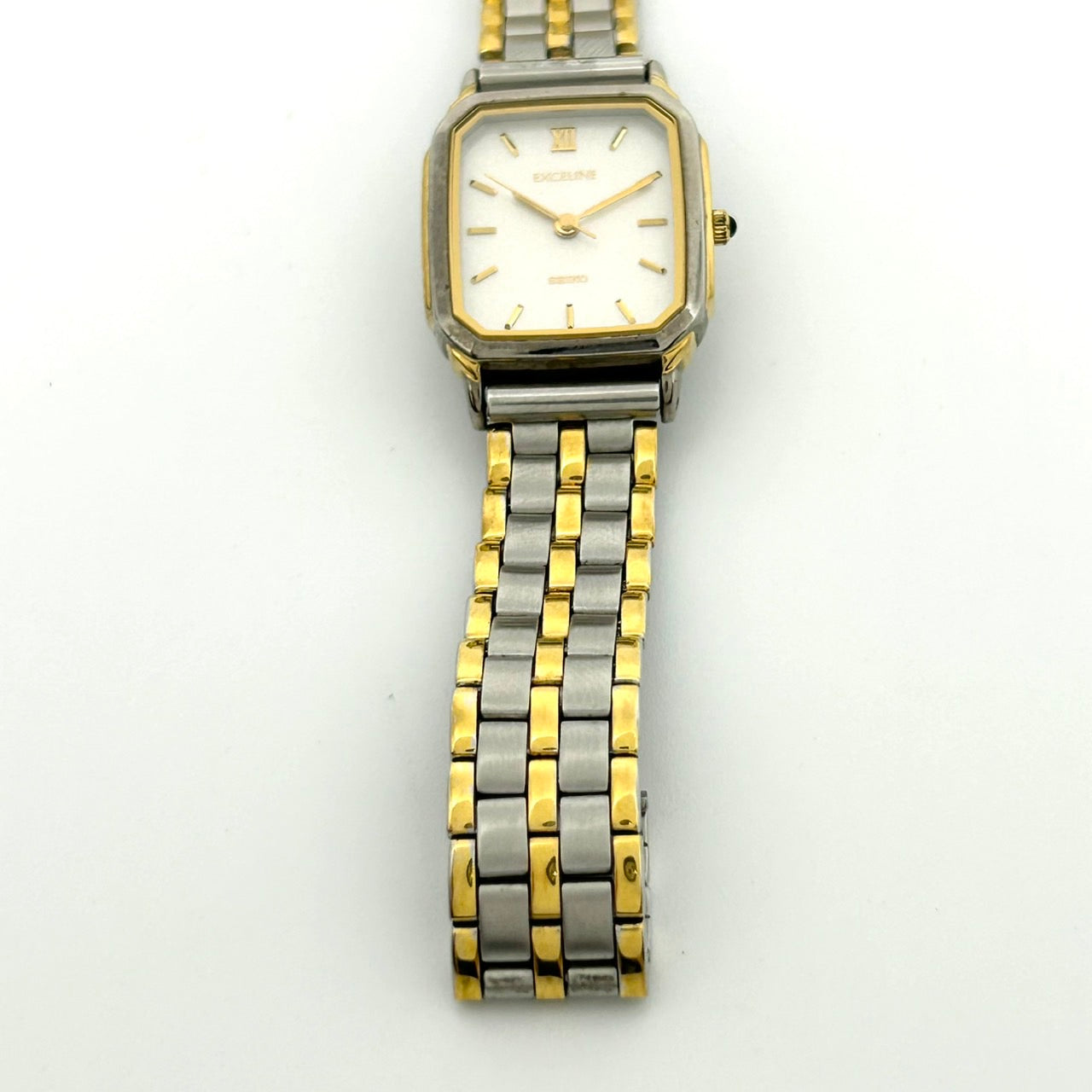 【電池交換済】セイコー エクセリーヌ 腕時計 3F31-5010 クオーツ コンビカラー スクエア ホワイト文字盤 ローマンインデックス ビンテージ クラシック エレガント ドレスウォッチ ファッションウォッチ アクセサリー クリーニング済み G1