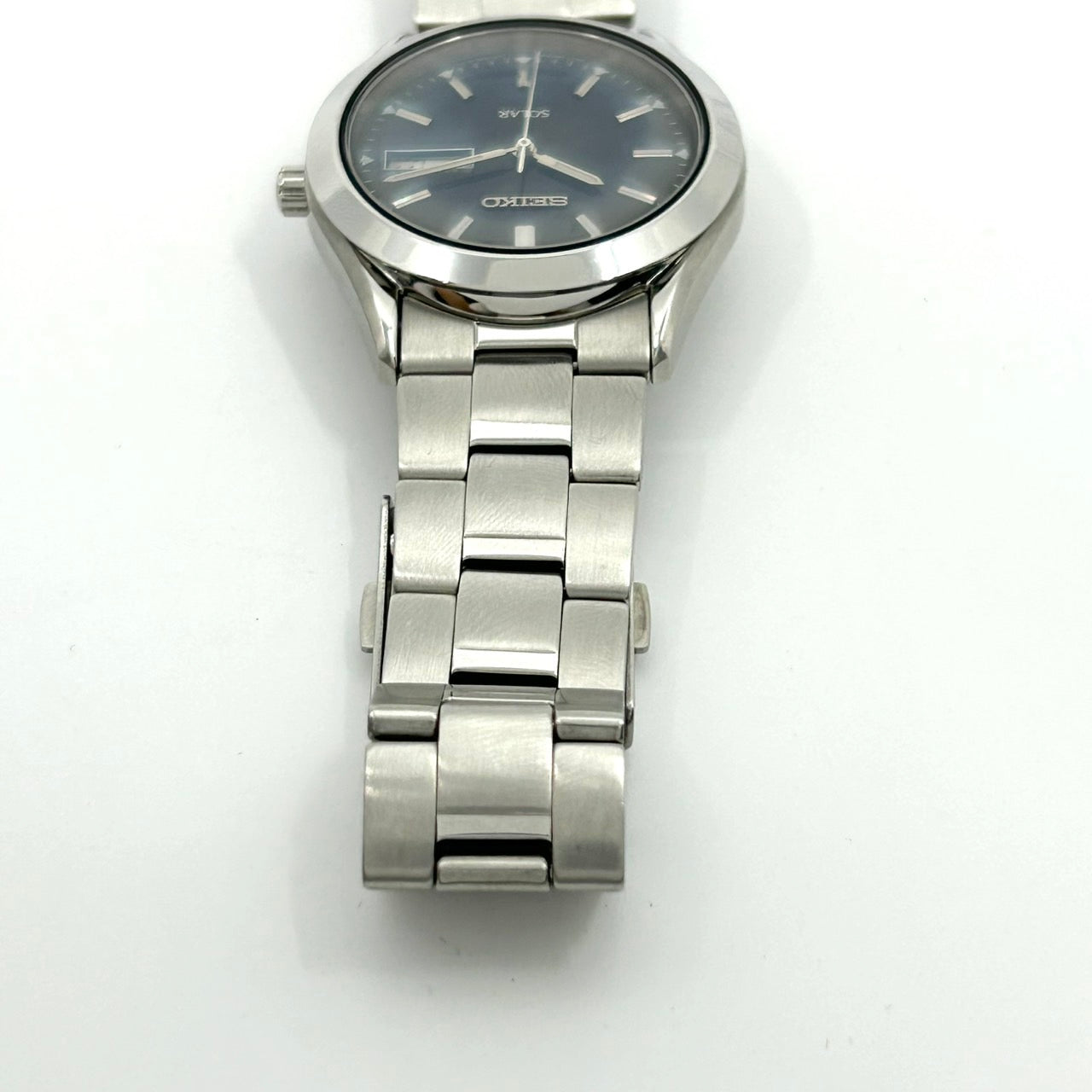 【稼働品】SEIKO セイコー メンズ 腕時計 ソーラー V158-0A80 ラウンド ネイビー文字盤 デイデイト カレンダー アナログ ステンレス シンプル スタイリッシュ ビジネスウォッチ クラシックデザイン クリーニング済み G6