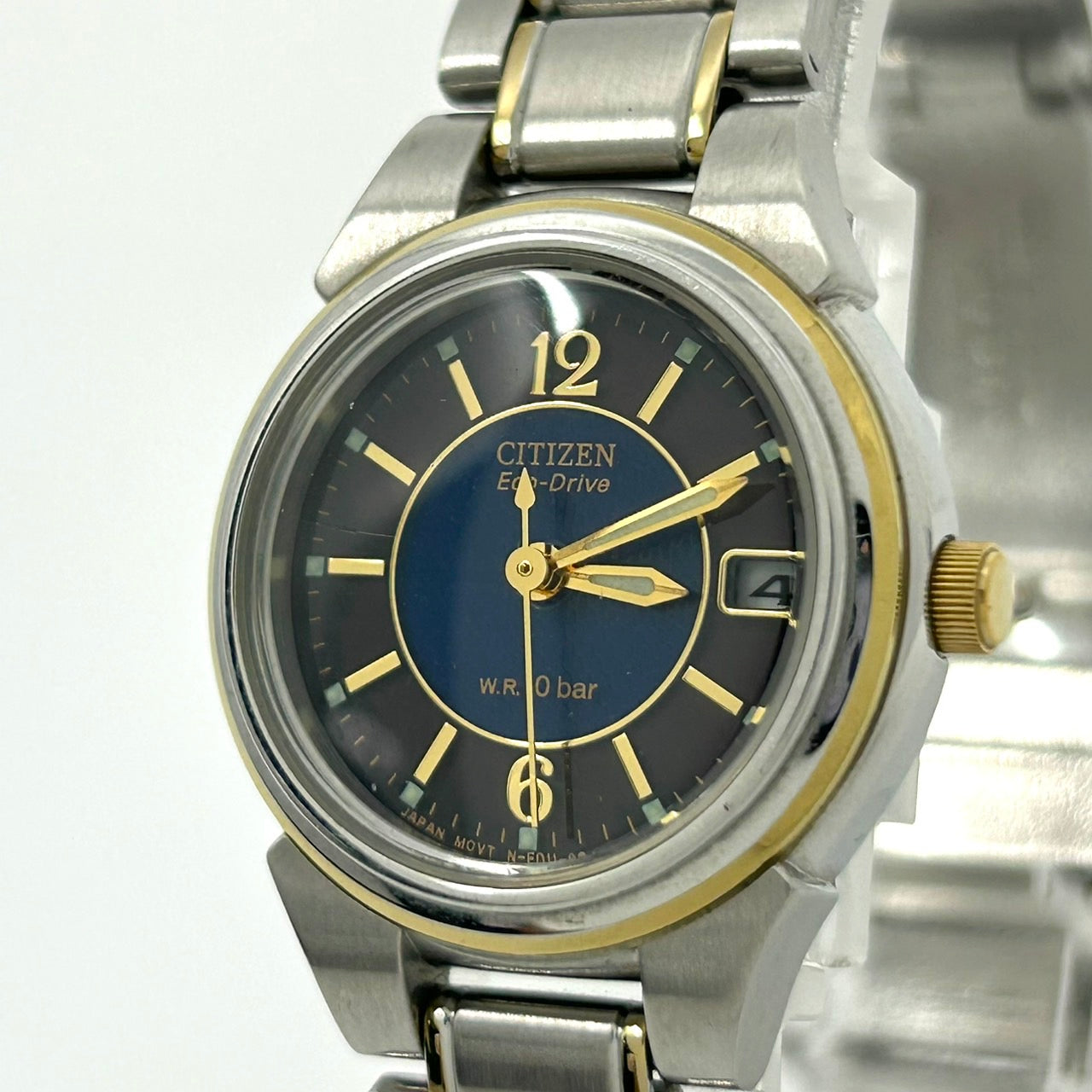 【稼働品】CITIZEN シチズン Eco-Drive エコドライブ レディース腕時計 E011 ネイビー文字盤 ゴールド コンビカラー デイト アナログ ソーラー 10気圧防水 エレガント クラシックデザイン クリーニング済み G6