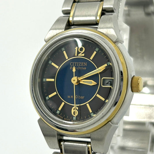 【稼働品】CITIZEN シチズン Eco-Drive エコドライブ レディース腕時計 E011 ネイビー文字盤 ゴールド コンビカラー デイト アナログ ソーラー 10気圧防水 エレガント クラシックデザイン クリーニング済み G6